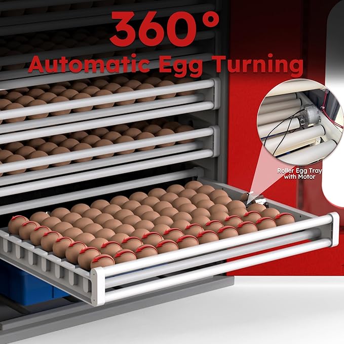 Commercial Digital Egg Incubator, 400-Egg Capacity, 360° Auto-Turning System with Digital Control, Red and Gray Cabinet, Temperature and Humidity Monitoring