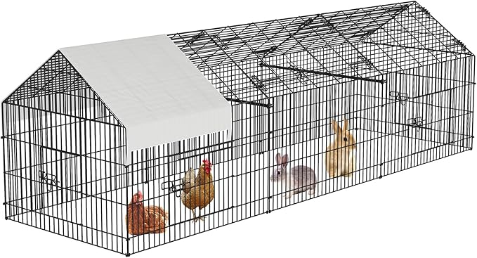 Large 130" Metal Chicken Coop Run with Waterproof Cover – Portable Outdoor Poultry Cage, Rabbit Hutch, Duck House, Pet Playpen – Easy Assembly, Secure Lock, 4-Door Design, All-Weather Enclosure