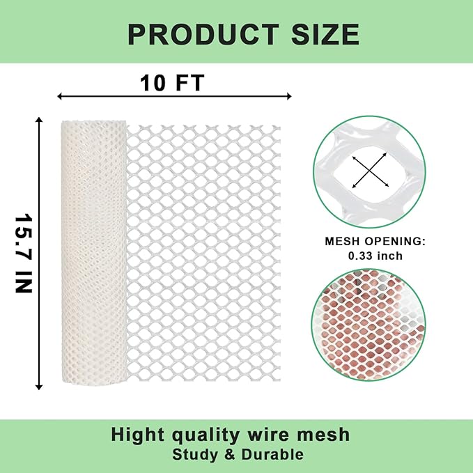 vensovo Plastic Wire Mesh 16IN x 33FT Roll -White Chicken Wire Fencing for Poultry, Gardening Barrier, Balcony Guard for Cats and Dogs, Floral Craft Mesh with 60 Zip Ties
