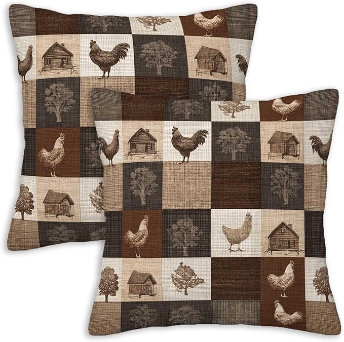 Farmhouse Chicken Patchwork Print Throw Pillow Covers 18x18 Inch, Set of 2 | Rustic Country Square Cushion Cases for Couch Sofa Bedroom | Neutral Brown Home Decor, Decorative Pillowcases