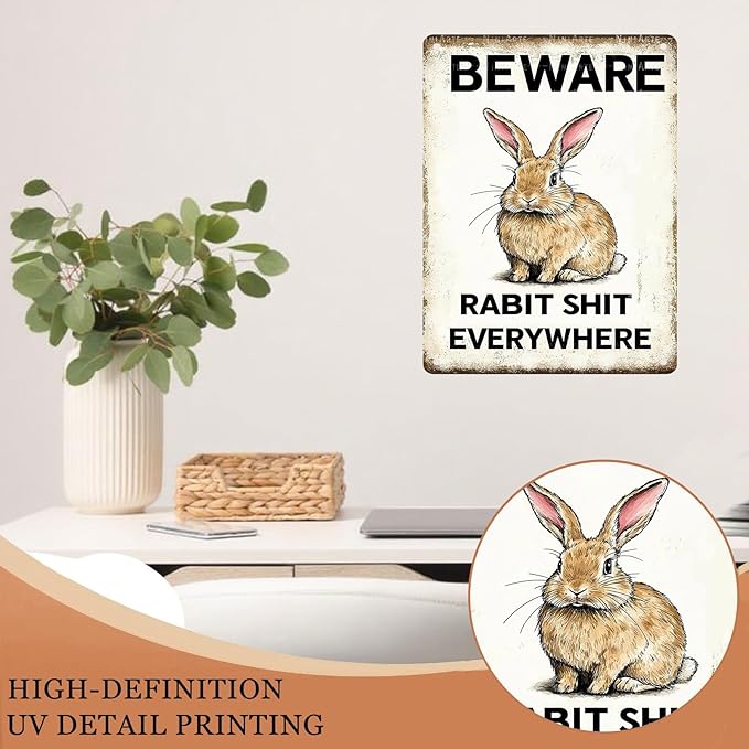 Easter bunny Tin Sign Retro Fun Metal Sign BEWARE RABBIT SHIT EVERYWHERE for Home Living Room Garden Yard Outdoor Wall 12X16Inch