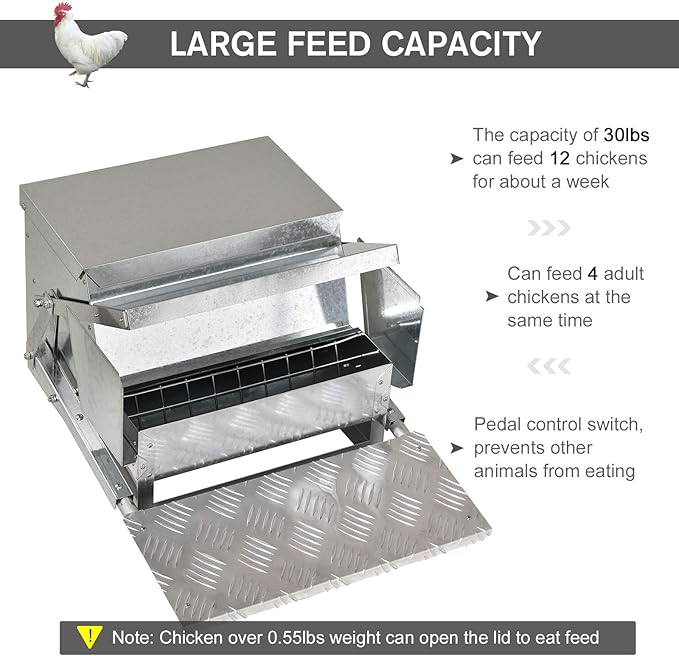PawHut 30 lbs Capacity Automatic Chicken Poultry Feeder with a Galvanized Steel and Aluminium Build, Weatherproof Design