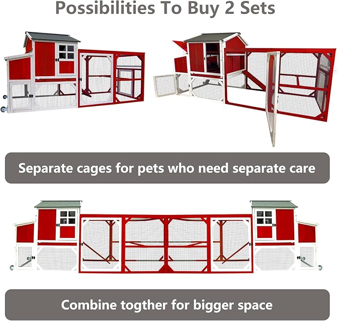 Chicken Coop Mobile Wooden Hen House with Nesting Box,191" L Outdoor Chicken House with Wheels and Removable Tray,Fir Wood Chicken Tractor with 6 Ventilation Door,Ramp,Red(2 Sets)