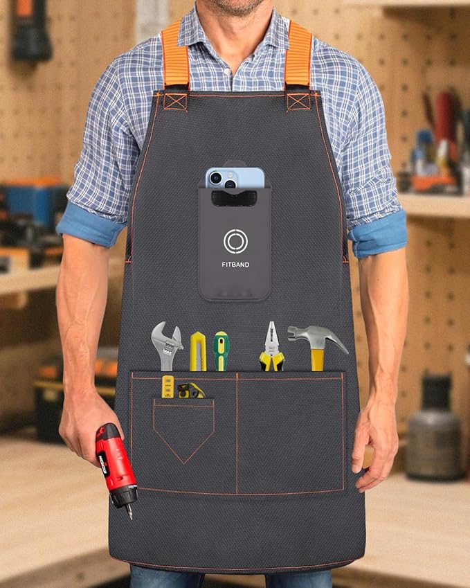 Adjustable Work Apron with Secure Multi Phone Pocket - Design for Cooking, BBQ, Gardening, Carpentry, Bartending, Serving