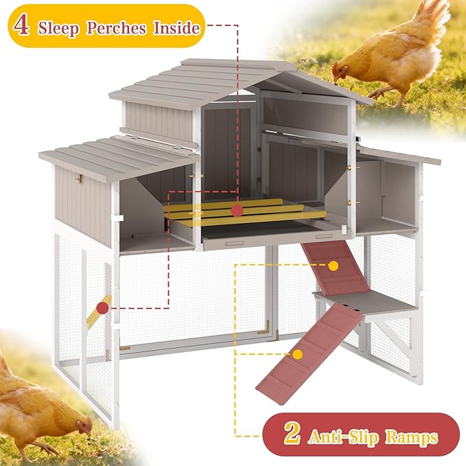 Large Chicken Coop Outdoor with Run, Expandable Hen House with 4 Nesting Boxes, Rabbit Hutch Poultry Bunny Cage for 2-4 Chickens with 4 Perches, Removable Tray and Ramp (56.3" L x 35.24" W x 52.8" H)