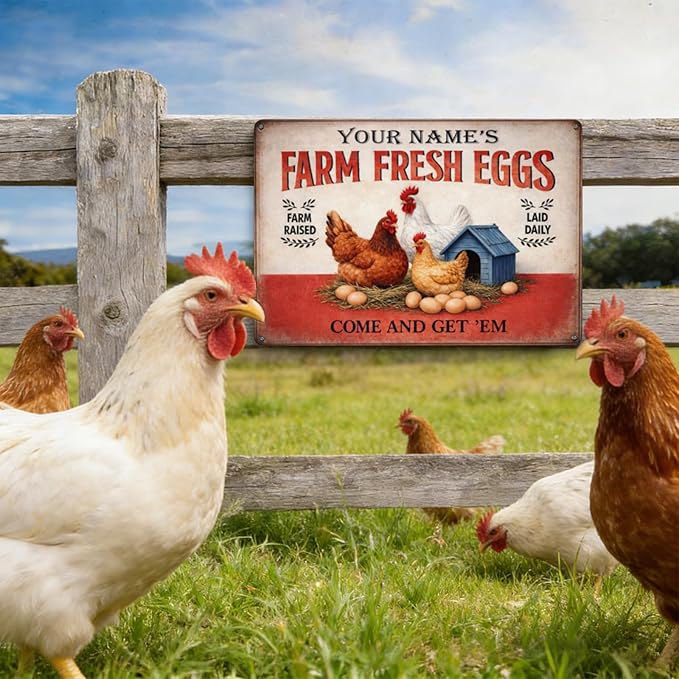 Personalized Metal Sign Farm Fresh Eggs Custom Name Rustic Wall Decor Farm Raised Laid Daily Chicken Coop Decor for Kitchen Backyard Barn Chicken Coop Gift