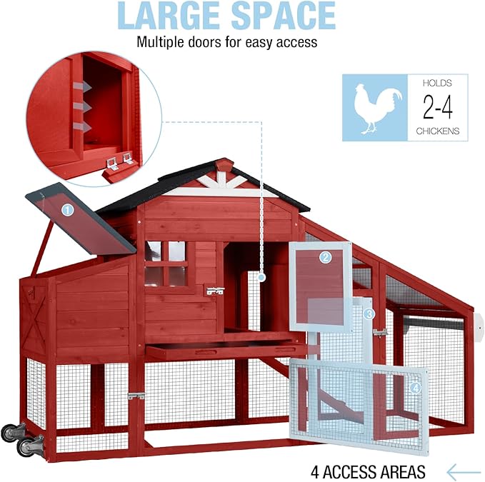 Large Chicken Coop with Run and Wheels, Wooden Hen House with Nesting Box and Waterproof Roof, Poultry Cage with Leakproof Tray, Rabbit Hutch, Bunny Cage Outdoor, Chicken Tractor for 4 Chickens (Red)