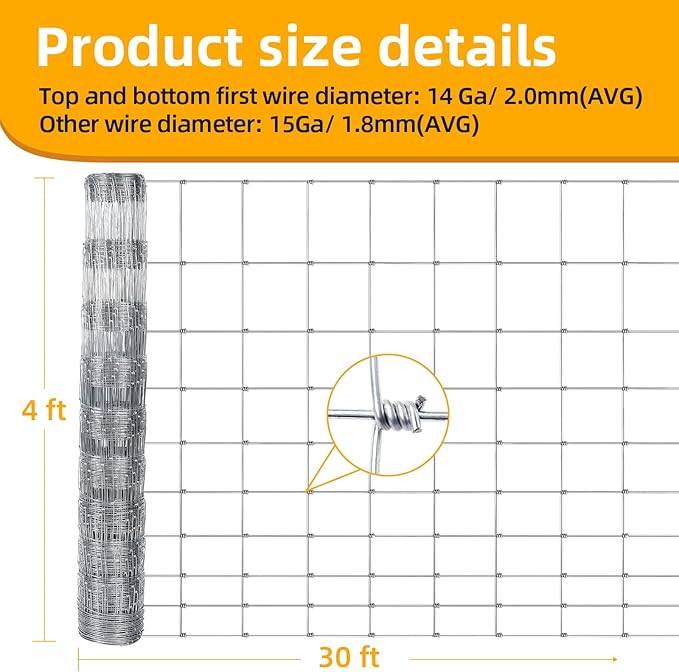 4ft x 30ft Galvanized Farm Fence, Fixed Knot Woven Wire Fence 16Ga, for Sheep Dog Panel Plant Garden Flower Bed and Field Protection