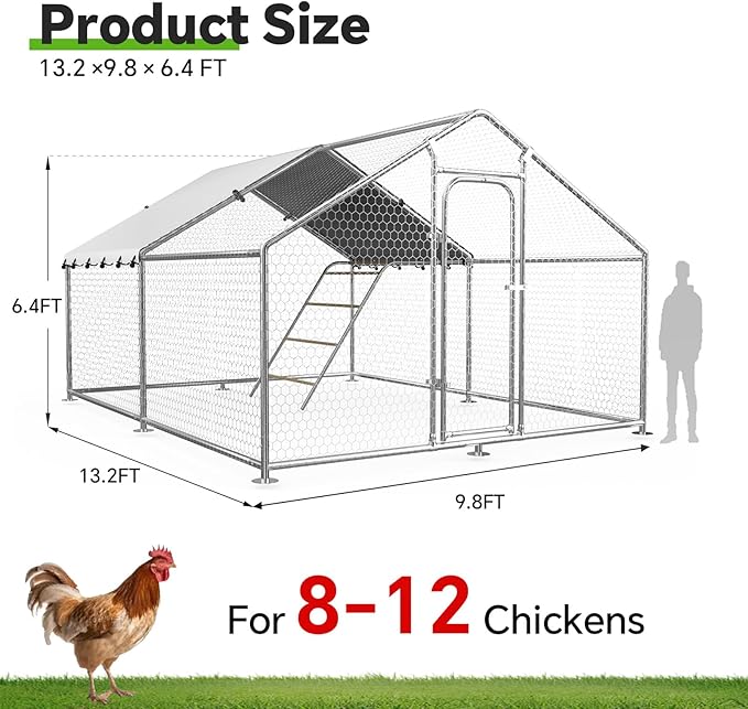 Large Metal Chicken Coop with Roosting Perch, Waterproof and UV-Resistant Cover, Outdoor Walk-in Cage Hen House for Yard Farm Rabbit Duck Chicken Run, Spire Roof (10’ W x 13.2’ L x 6.4’ H)