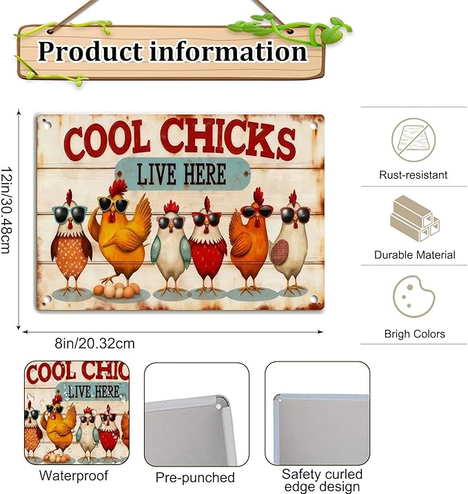 Chicken Metal Decor Sign Vintage Metal Tin Sign Wall Art Decor Cool Chicks Live Here Chicken Coop Signs Accessories for Outdoor Decorations Gifts for Women and Hen Lovers 8 X 12 Inch