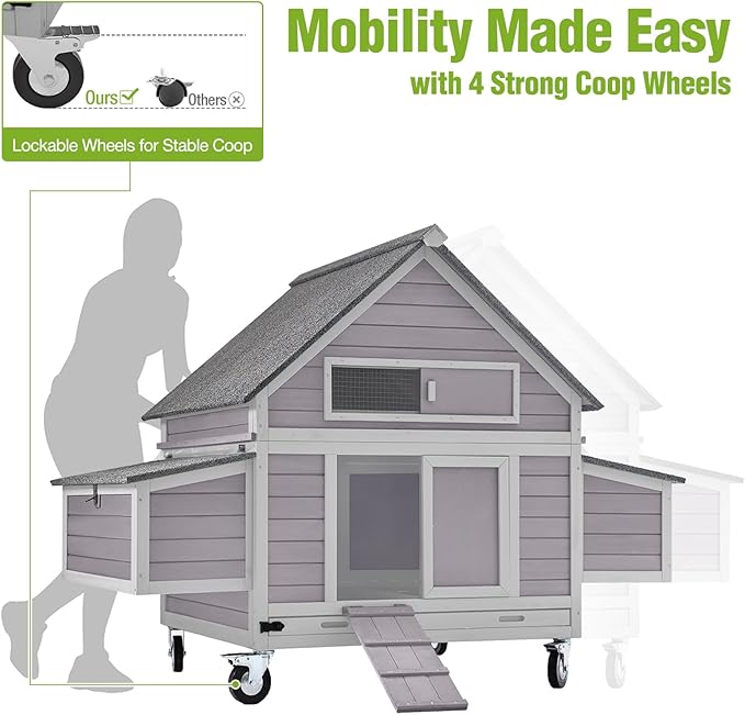 GUTINNEEN Large Mobile Chicken Coop with Heavy-Duty Wheels, Extra-Large Nesting Boxes, Lockable Metal Pull-Out Tray, Weather-Resistant Roof, Spacious Outdoor Poultry Cage, Ideal for 3–6 Chickens