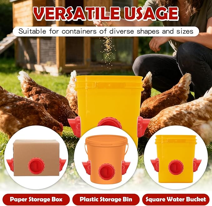 Chicken Feeders No Waste, DIY Automatic Poultry Feeder 8 Ports 1 Hole Saw with Covers Gravity Feed Kit for Buckets Barrels Bins Troughs (Red)