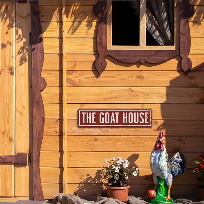 Rustic Goats House Metal Sign, Funny Goat House signs, Retro Metal Tin Sign, Wall Decor Art, Farmhouse Decor, Goat Pen Decor, Backyard Goats Gift 15.8x4 Inch
