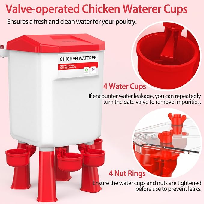 Chicken Feeder and Waterer Set, Chicken Coop Accessories with Hanging Chicken Feeder and Hanging Chicken Waterer Kit No Waste, 2 Gallon/18 Pounds, Red
