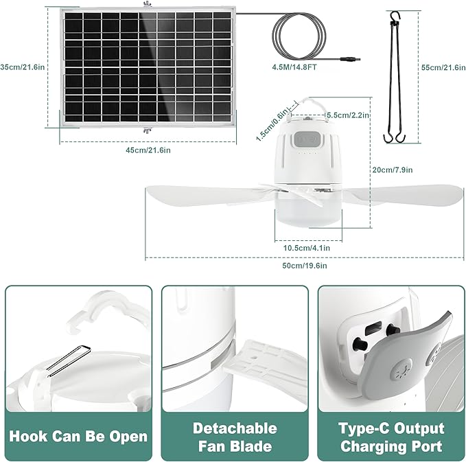 Solar Ceiling Fan Light, 20000mAh Portable Gazebo fan with 30W Solar Powered Fan with Remote Control, Outdoor Ceiling Fan with Light for Patios, Canopy, Shed, RV, Porch and Chicken Coop