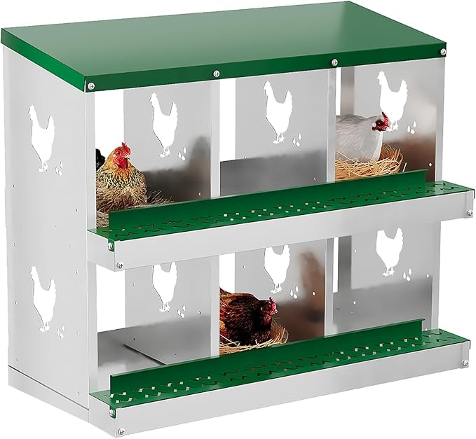 Heavy Duty Galvanized Metal Chicken Nesting Box - Rustproof Egg Laying Box for Hens with Slanted Roof, Rollout Design - Wall Mount or Freestanding Poultry Nest for Chicken Coop (6-Hole)