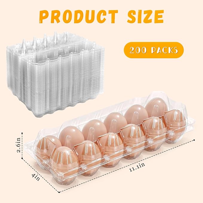 JarThenaAMCS 200Pcs Plastic Egg Carton Bulk Empty Clear Egg Tray Holder Container for Farm Business Market Home Kitchen Refrigerator Storage (2 x 6 Grids)