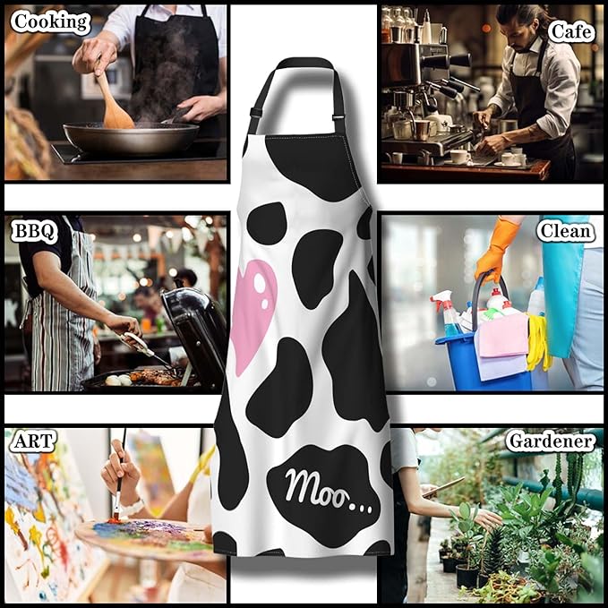Chef Apron for Men Black and White Cow Print Love Heart Fun Aprons for Women for Kitchen Cooking Restaurant BBQ Painting Crafting 27” (W) x 31” (H), Waterproof Aprons