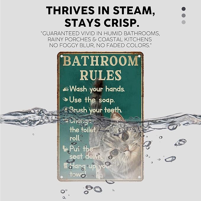 Vintage Cat Tin Sign Bathroom Rules Retro Tabby Metal Sign Funny Cat Lovers Nostalgic Wall Decor Decorations for Home Cafe Shop Toilet Bar Living Room Bedroom 12 * 8In