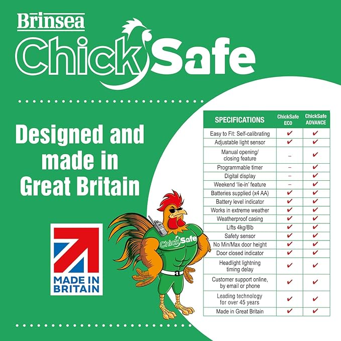 Brinsea ChickSafe Eco Automatic Chicken Coop Door Opener and Door Kit for Hen House with Adjustable Light Sensor, Safety Sensor, Space Saving 2-Stage Aluminum Door