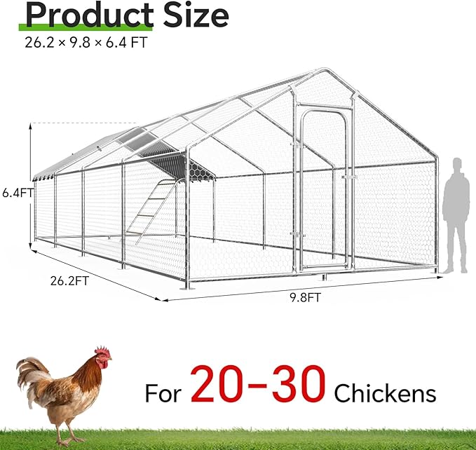 Large Metal Chicken Coop with Roosting Perch, Waterproof and UV Protection Cover, Chicken Run Outdoor Walk-in Cage Chicken Rabbit Duck Hen House for Yard Farm Use Spire Roof (10’ W x 26.2’ L x 6.4’ H)