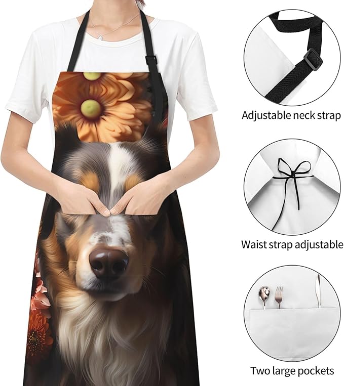 Dogs and Roses Heavy Duty Waterproof Apron with Pockets for AdultsResistant Grilling, Gardening, Painting