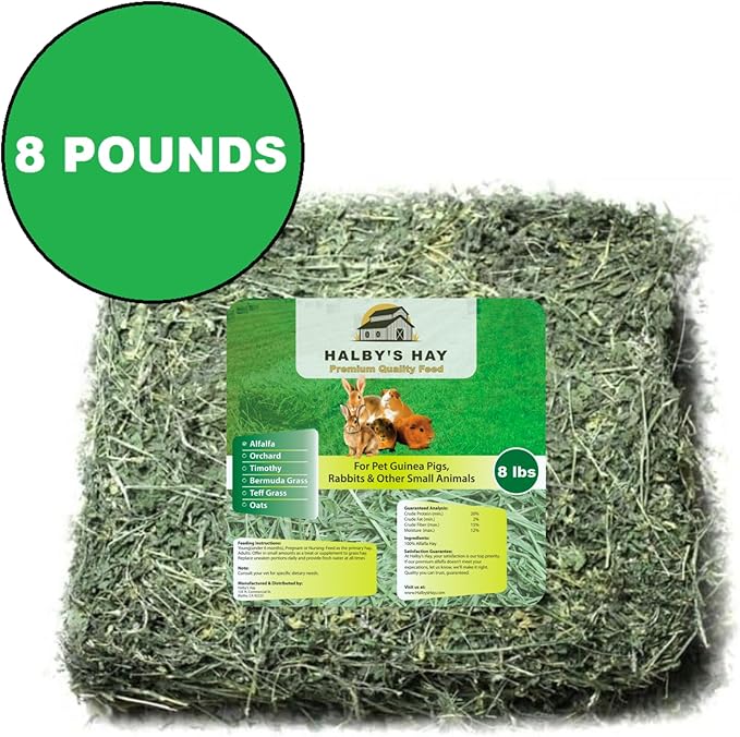 Halby’s Hay™ Premium Alfalfa Hay – 8 lb Bag – Farm Fresh, Sun-Cured, Feed for Rabbits, Guinea Pigs, Chinchillas, Horses & Goats – Soft, Green, Dust-Free, High Protein USA Grown - All Natural!