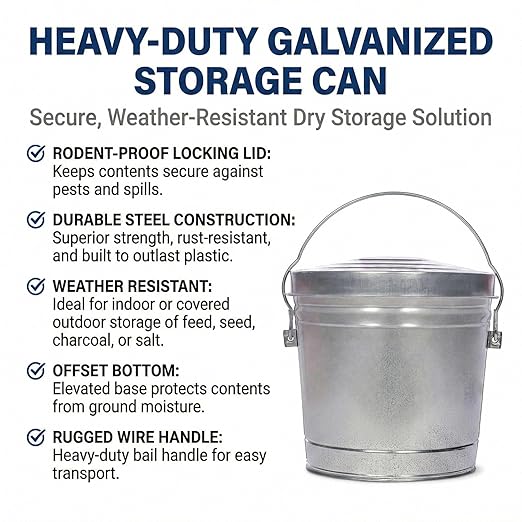 6 Gallon Galvanized Steel Storage Can with Locking Lid – Heavy Duty Metal Pail for Pet Food, Bird Seed, Ash & Charcoal, Rust Resistant & Weatherproof Outdoor Bin
