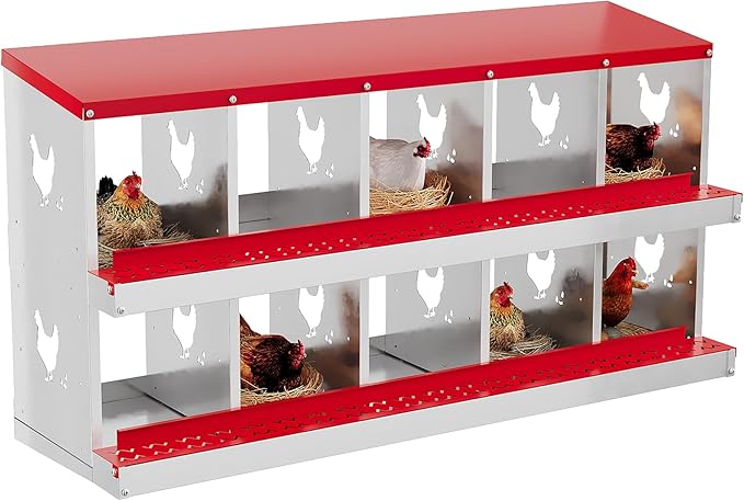 10 Hole Chicken Nesting Box, Galvanized Steel Nesting Boxes with Vented Design, Laying Nesting Boxes for Hens, Wall Mount, Red