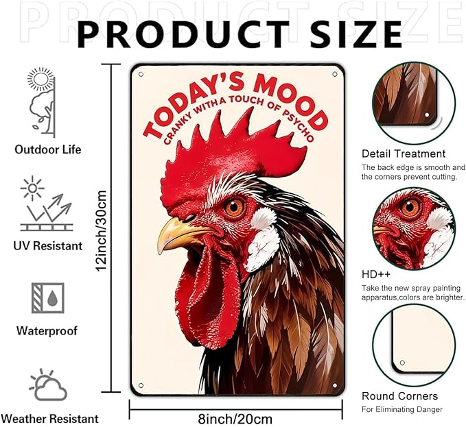 Funnysign Chicken Gifts Vintage Chicken Today's Mood Tin Sign for Chicken Coop Farm Kitchen Garden Yard Decor 8x12 inch (3914)