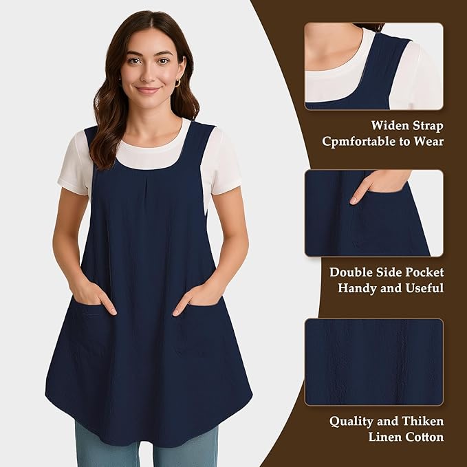 Apron for Women with Pocket Cotton Linen, Japanese Cross Back Apron for Gardening Painting