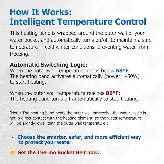 Chicken Water Heater for Winter, 50 Watt Thermo Bucket Belt Heated Strap Fits Most 2-5 Gal Buckets (Turn on Below 68°F and Off at 86°F)