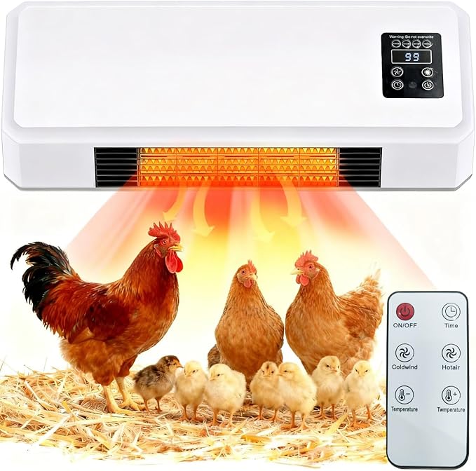 1500W Chicken Coop Heater for Winter，Wall-mounted 2-Mode Heater for Chicken Cages,5S Fast Heating & Adjustable Temperature (77~99℉)，Warm Stoves for Poultry and Pets in Winter