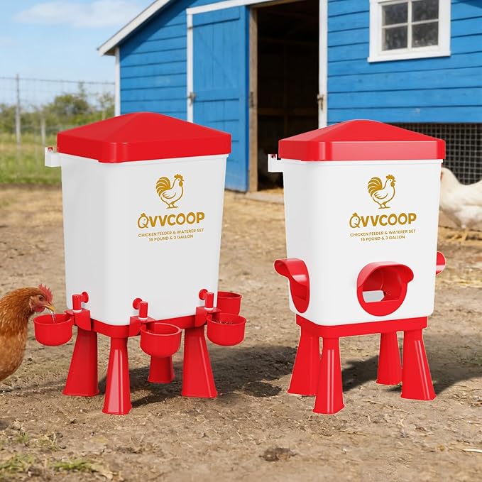 Automatic Chicken Feeder and Waterer Set, Poultry Feeding Equipment for Duck Turkey, Chicken Coop Accessories, Standing/Hanging Use, 3 Gallon Set, Red