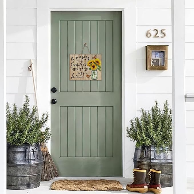 Farm Family Sunflower Front Door Sign, Spring Summer Flower Heritage Future Farmhouse Wood Hanger Home Decor, Fall Autumn Floral Rustic Wooden Wreath Indoor Wall Hanging Decoration