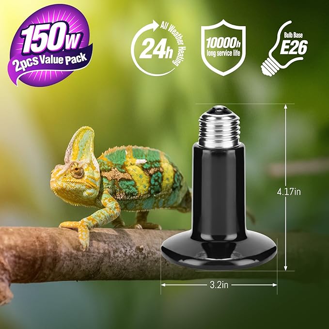 Leoterra 150W Ceramic Heat Bulb No-Light Heater for Large Reptile Terrariums - Professional Grade Ceramic Heat Emitter for Iguanas & Monitors 75+ Gallons (2-Pack)