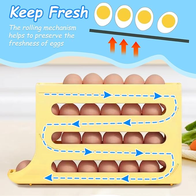 Egg Holder for Fridge, 4 Tiers Dispenser, 30 Egg Container Refrigerator, Large Capacity Organizer Automatic Fridge Rolling Egg Container for Pantry Countertop (Beige)