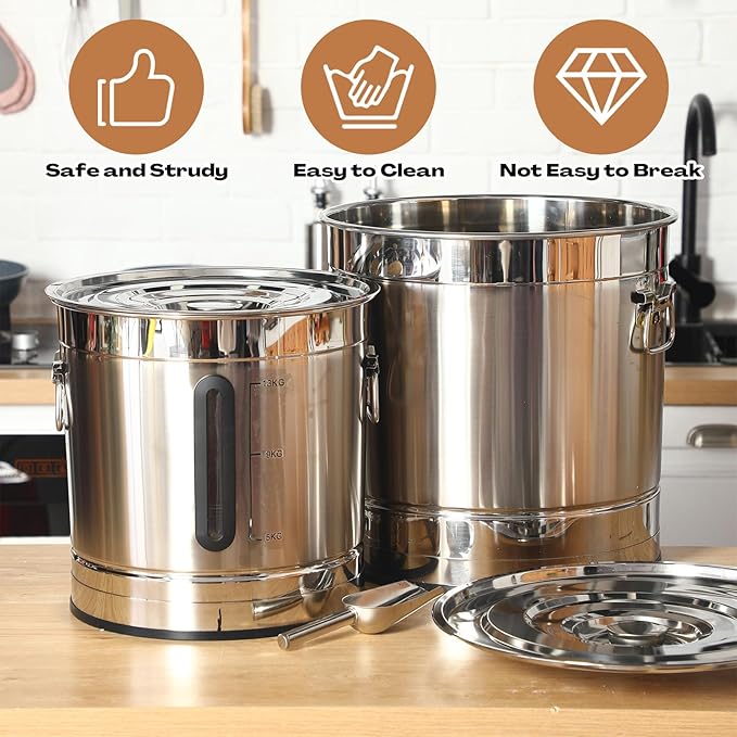 Maxdot 2 Pack 304 Stainless Steel Pet Food Storage Containers, 33lb/15kg & 55lb/25kg Extra Large Metal Dog Food Bins with Lids and Handle for Dogs Cats and Bird Feed, Odor-free, Easy to Clean
