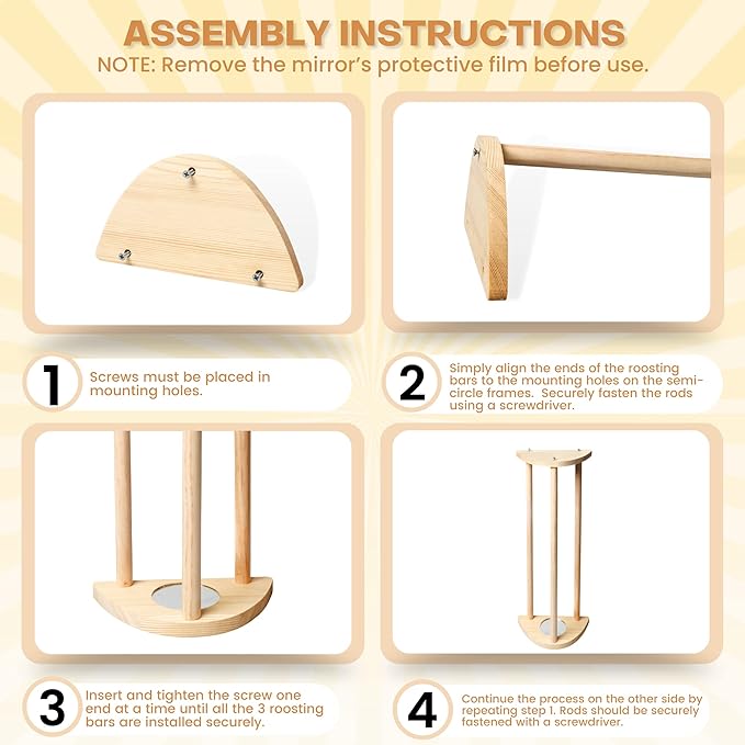 TonGass 16" Extra Long Chicken Perch - Freestanding Roosting Bar for Baby Chicks with Built-in Mirrors for Entertainment - Durable Polished Bamboo Roosting Bar - 15 3/4 x 6 5/8 x 3 1/2"