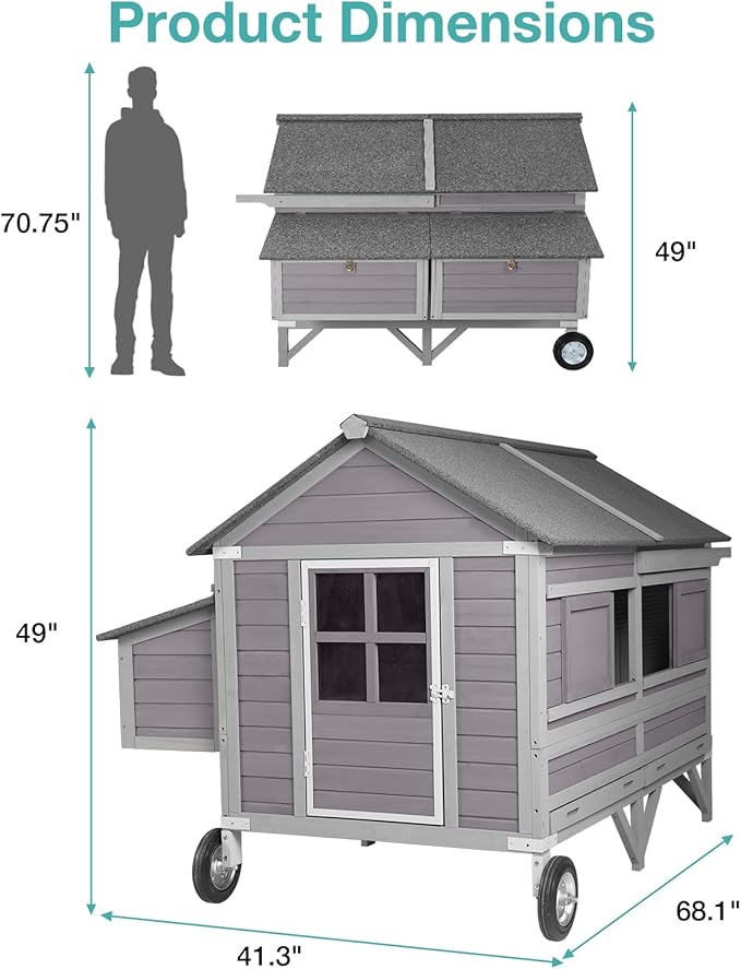 Outdoor Chicken Coops with Large Wheels,Upgrade Large Poultry Cage with Strong Iron Frame,Wooden Hen House for 4-6 Chickens