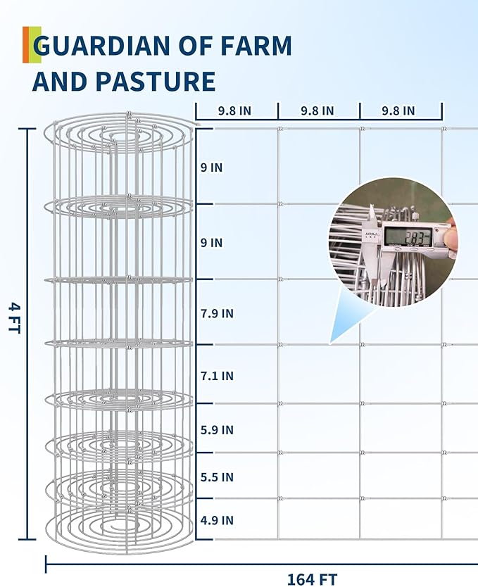 Farm Fence, 4FT x 164FT x 0.59IN White Welded Wire Fence Roll - Zinc Galvanized No-Climb Animal & Poultry Netting for Horses, Sheep, Chickens - Heavy Duty Yard Protection & Garden Grid Fencing