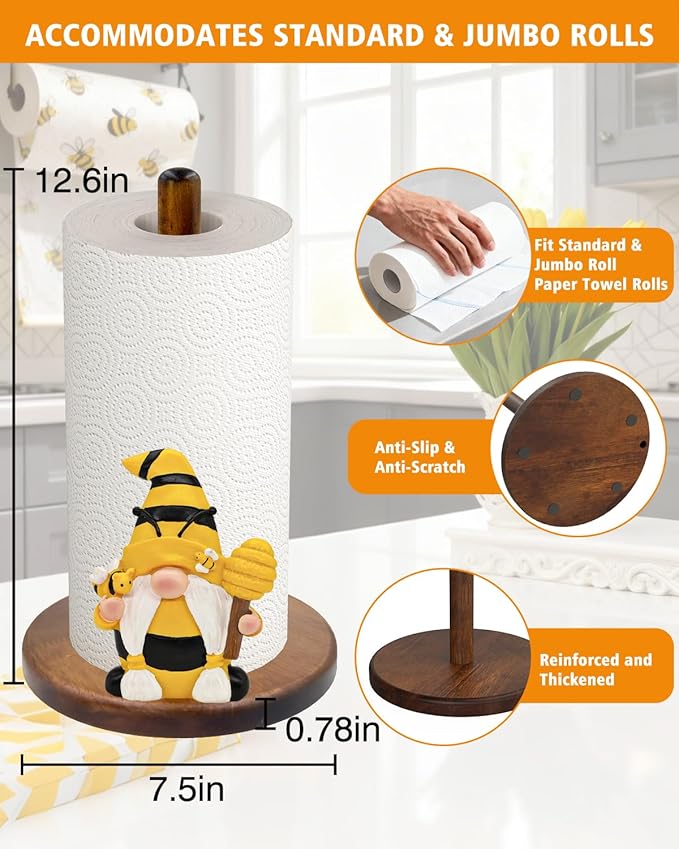Gnome Paper Towel Holder - Honey Bee Decor for Kitchen & Bathroom Countertop - Gifts for Women Mom Grandma - 3D Cute Stuff Decorative Accessories