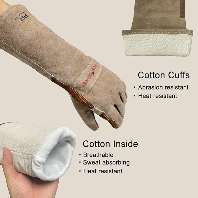 Leather Welding Gloves for Men, Welders Gloves Fireproof and Heat Resistant Mitts for Barbecue, Cooking, Firefighting, Fireplace, Oven, Baking, Stove, Pot Holder, Yark Work Thorn Proof