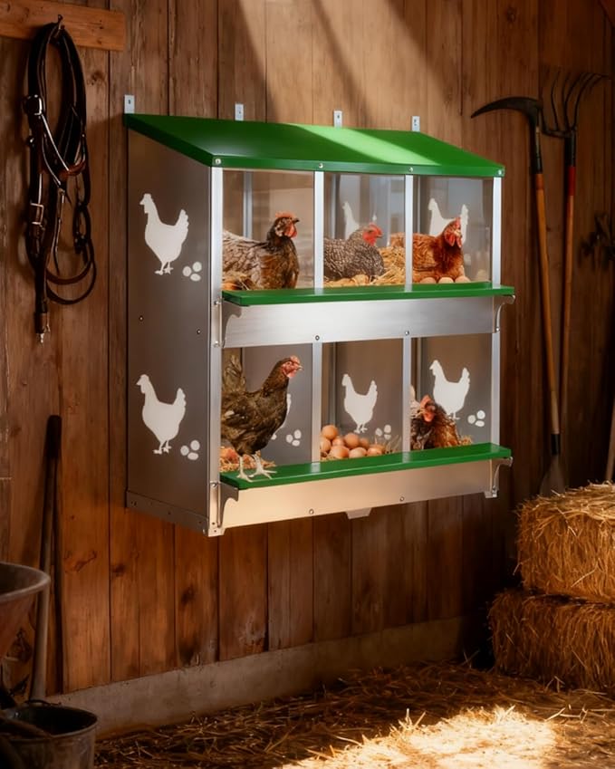 3 Compartment Chicken Nesting Box, Wall Mount/Free Standing Poultry Nest for Chickens, Hens, Ducks, Metal Chicken Laying Boxes with Perch, Secure Lid, Vented Holes for Easy Egg Collection, Green