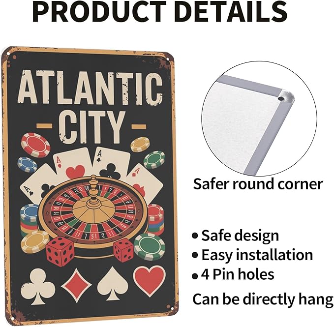 Novelty saying wall decor featuring Atlantic City Metal Tin Sign Game Room Bar Decor Perfect For Hanging In Casino Basement Rustic Vintage Finish Gift For 8x12 inch metal sign for living room wall