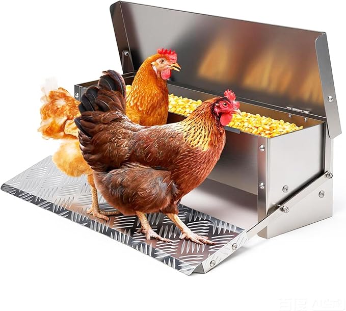 Chicken Feeder Rat Proof Automatic Treadle Feeder No Waste,Stainless Steel Outdoor Chicken Food Dispesner for Polutry and Duck Bantams Pheasants,with Weatherproof Lid