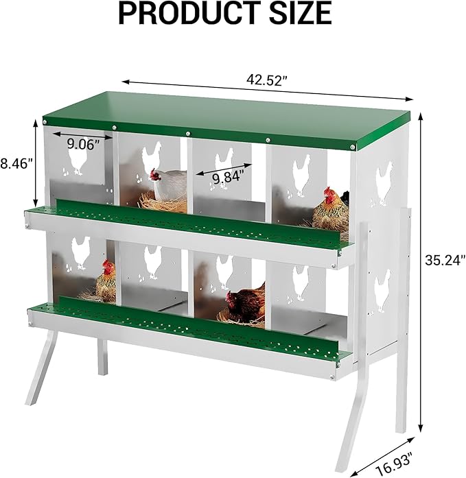 8-Compartment Metal Chicken Nesting Box - with Perch, Secure Lid & Metal Legs, Wall-Mount or Free-Standing Nesting Boxes for Hens