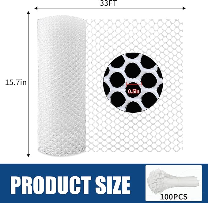 White Plastic Chicken Wire mesh 15.7IN x 33FT,Plastic Chicken Wire Fencing,Poultry Netting,Plastic mesh for Garden,Balcony Fence,Chicken Wire Frame for Crafts, Floral Mesh.with 100 Ties