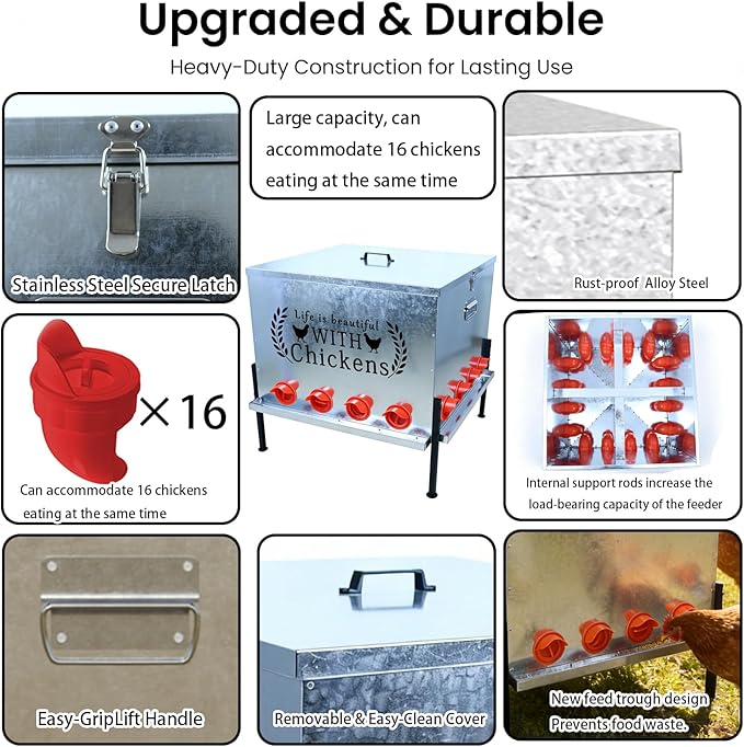 Upgraded 280 LB Automatic Large Capacity Chicken Feeder with Sturdy Adjustable Support Rod 16 Feeding Ports - Anti Waste Design Durable Poultry Feeder for Backyard Farms, Chicken Coops