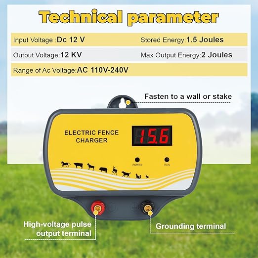 Electric Fence Charger 12V Input to 12KV Output, 2 Joule, 120 Acre Plug-in Electric Fence Energizer for Wildlife Control & Animal Intrusion Prevention